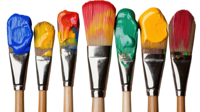 Colorful paintbrushes with vibrant paint ready for an artistic project in a creative studio setting.