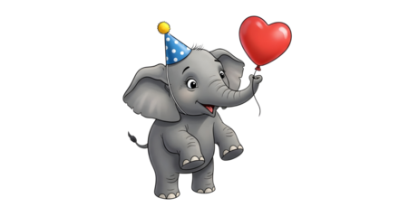 Cute cartoon baby elephant celebrating a birthday holding a red heart balloon isolated PNG with Transparent Background