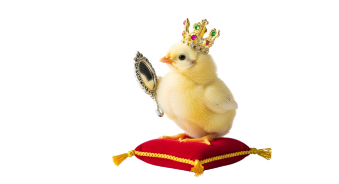 Funny little chick wearing a royal crown looking at itself in a mirror. isolated PNG with Transparent Background