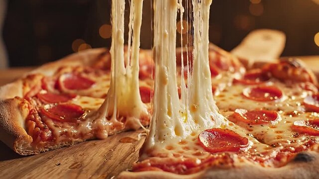 Elastic cheese creates a bridge in cinematic shots of pizza slice string