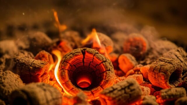 Close up panoramic view of smoldering charcoal embers with intense heat and flames. Fiery orange sparks and smoke create a dynamic background for barbecue and grilling themes