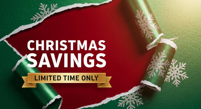 Torn green paper with glitter and snowflake, revealing red background, showing text "Christmas Savings", representative of festive sale offer - Powered by Adobe