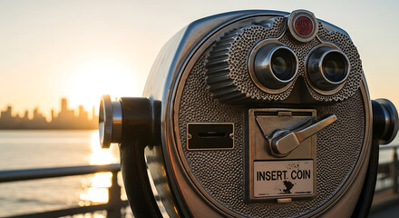 Close-up of a coin-operated telescope, offering a panoramic view of the cityscape during sunset, for observation and sightseeing