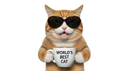 Funny ginger cat wearing sunglasses holding "WORLD'S BEST CAT" coffee mug isolated PNG with Transparent Background