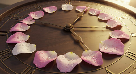 Clock decorated with pink flower petals and water droplets  