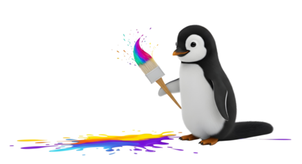 Cute cartoon penguin mascot holding a paintbrush creating a vibrant paint splash illustration isolated PNG with Transparent Background