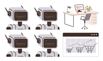 Four AI robots labeled Agent, a modern desk with office accessories, a plant, and a screen showing rising cart sales. Ideal for technology, automation, AI tools, e-commerce, workplace data growth
