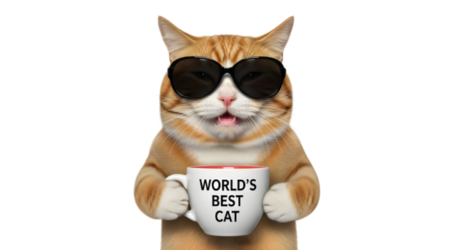 Funny ginger cat wearing sunglasses holding "WORLD'S BEST CAT" coffee mug isolated PNG with Transparent Background