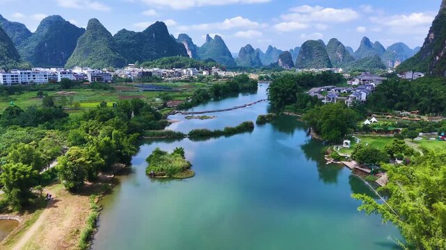 Aerial view of Yulong River with karst peaks near Yangshuo in the Guangxi Region, China
