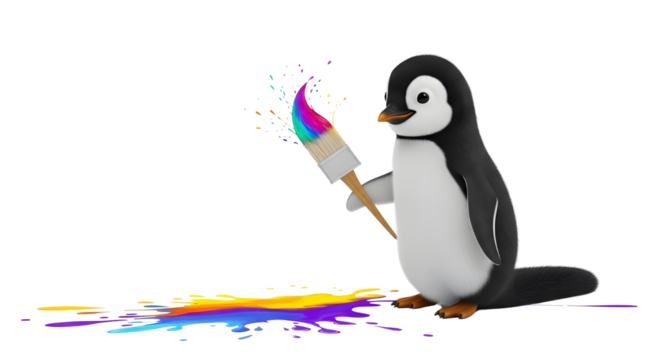 Cute cartoon penguin mascot holding a paintbrush creating a vibrant paint splash illustration isolated PNG with Transparent Background