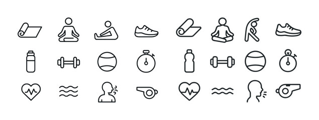 Fitness icons: yoga, exercise, hydration, equipment, health symbols in black outline