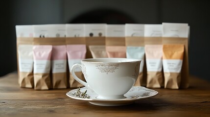 Elegant porcelain teacup and saucer set in front of a row of assorted tea packaging bags