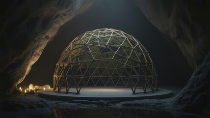 Geodesic dome habitat inside a mysterious dark cave environment