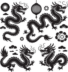Obraz premium Chinese Dragons Illustration Asian Lunar New Year Decorative Elements Set