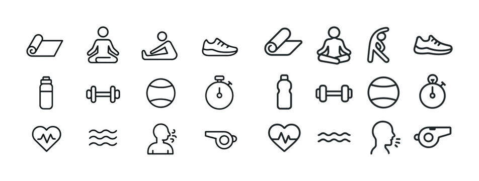 Fitness icons: yoga, exercise, hydration, equipment, health symbols in black outline - Powered by Adobe