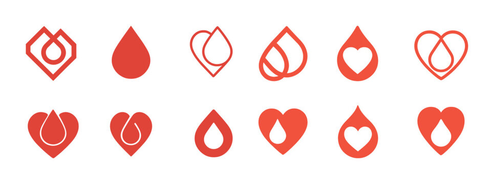 Collection of red blood donation and heart icons in various shapes