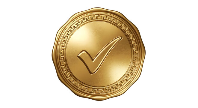 Luxury 3D gold certification seal with embossed check mark for quality approval isolated PNG with Transparent Background