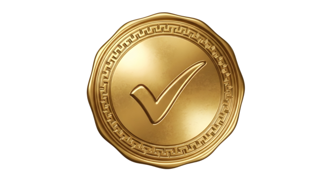 Luxury 3D gold certification seal with embossed check mark for quality approval isolated PNG with Transparent Background