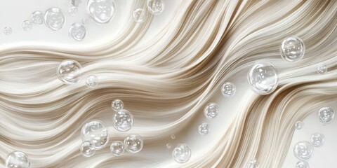 A flowing hair texture intertwined with bubbles, creating a soft and ethereal visual effect that suggests cleanliness and beauty.