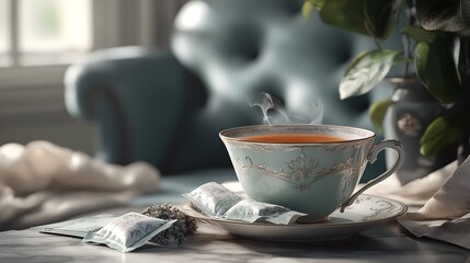 Steaming cup of hot tea in an elegant porcelain teacup resting on a saucer with tea bags nearby