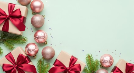 Christmas gift boxes and ornament border on light background