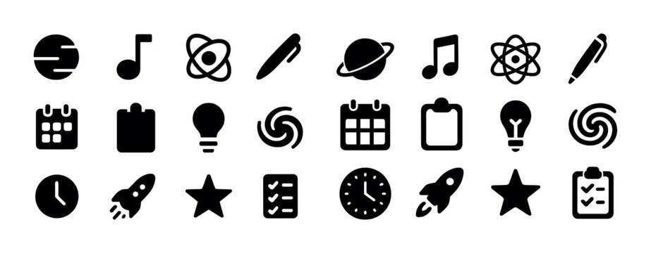 Collection of black icon designs featuring calendar, music, and science symbols