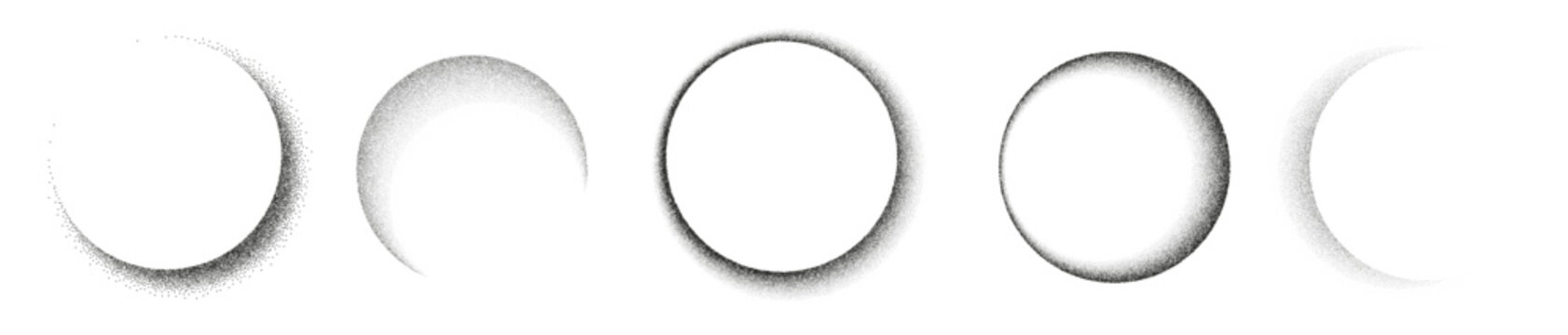 Noise spray spheres set. Shadow gradient with dots. Round shapes with grain effect. Dot dissolve gritty monochrome texture. Gray stipple vector pattern