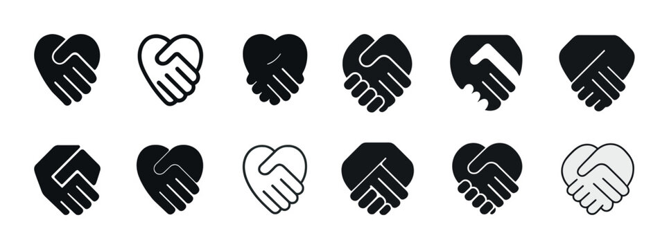 Black and white handshake icons: heart and geometric designs - Powered by Adobe
