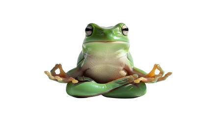 Green tree frog meditating in lotus position practicing yoga and mindfulness for relaxation isolated PNG with Transparent Background
