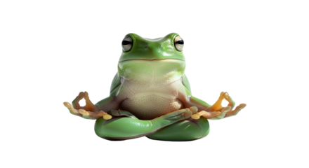 Green tree frog meditating in lotus position practicing yoga and mindfulness for relaxation isolated PNG with Transparent Background