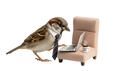 Sparrow businessman working on a small laptop sitting in a tiny office chair isolated PNG with Transparent Background