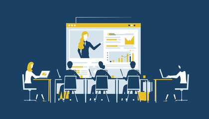 Business team attending a virtual corporate presentation and online training webinar