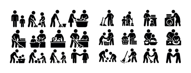 Icon set depicting family chores and parenting activities