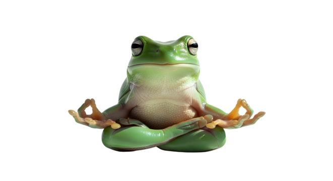 Green tree frog meditating in lotus position practicing yoga and mindfulness for relaxation isolated PNG with Transparent Background