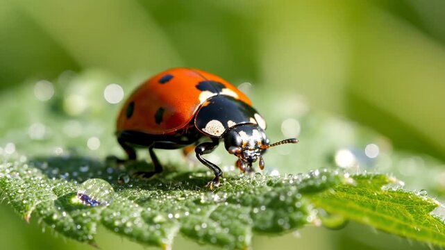 A close-up image of a red and black ladybug on a wet green leaf with water droplets