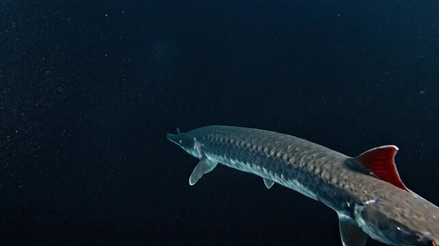 A sleek fish with a long body, swimming in dark waters, showcasing its scales and fins