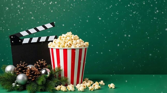 Christmas movie night concept with popcorn bucket and clapperboard on green background