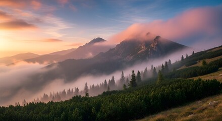 Misty peaks glow with sunrise hues, creating a cinematic scene for tourism, spiritual content, or nature-themed presentations.