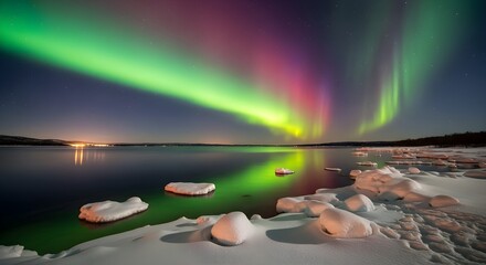 Green and red aurora borealis lights the night sky, reflected on icy lake, for environmental documentary, travel blog, or scenic wallpaper.