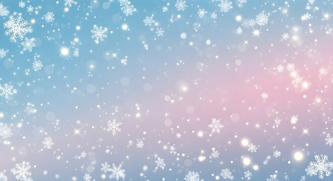Blue pink gradient shows snowflake pattern with starbursts and bokeh; winter holiday background for presentations, social media, or seasonal branding.