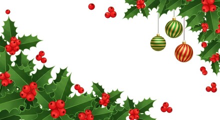 Christmas holly border with hanging ornament isolated on white background