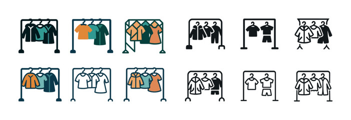 Collection of clothing rack icons with shirts and jackets
