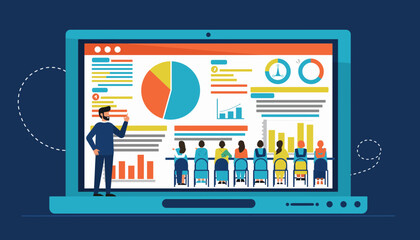 Businessman delivering a data-driven business presentation on a laptop screen with charts and graphs