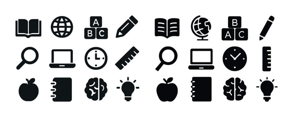Education and learning icons: books, globe, abc blocks, pencil, computer, clock, ruler