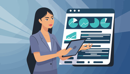 Professional business presentation with a woman explaining data analytics and strategic insights on a digital screen and tablet