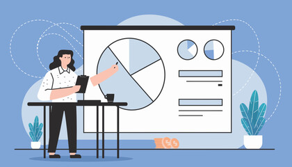 Professional business presentation with a female speaker analyzing charts and data, depicting corporate growth