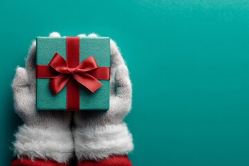Photo of a pair of hands holding out a wrapped green gift box with a red ribbon on a solid background, with santa claus's legs and hand visible above the present, top view.