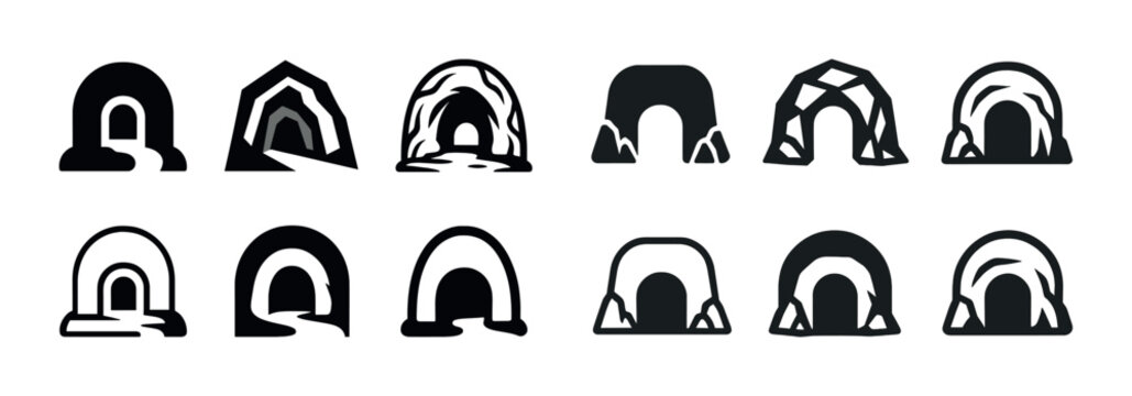 Diverse igloo icons collection: arctic shelter variations in black and white