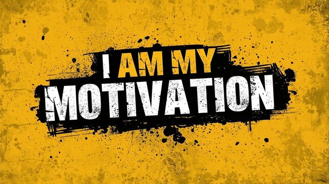 Inspirational quote text i am my motivation in bold white and black distressed typography on a grunge yellow background, perfect for fitness and selfimprovement themes