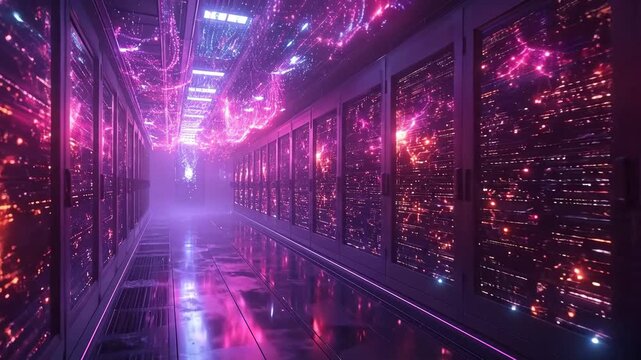Futuristic Server Room With Rows Of Racks Illuminated By Purple And Pink Neon Lights Reflecting On Wet Floor